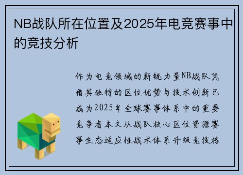 NB战队所在位置及2025年电竞赛事中的竞技分析
