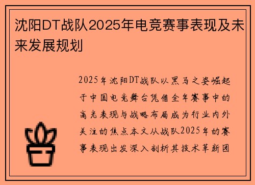 沈阳DT战队2025年电竞赛事表现及未来发展规划